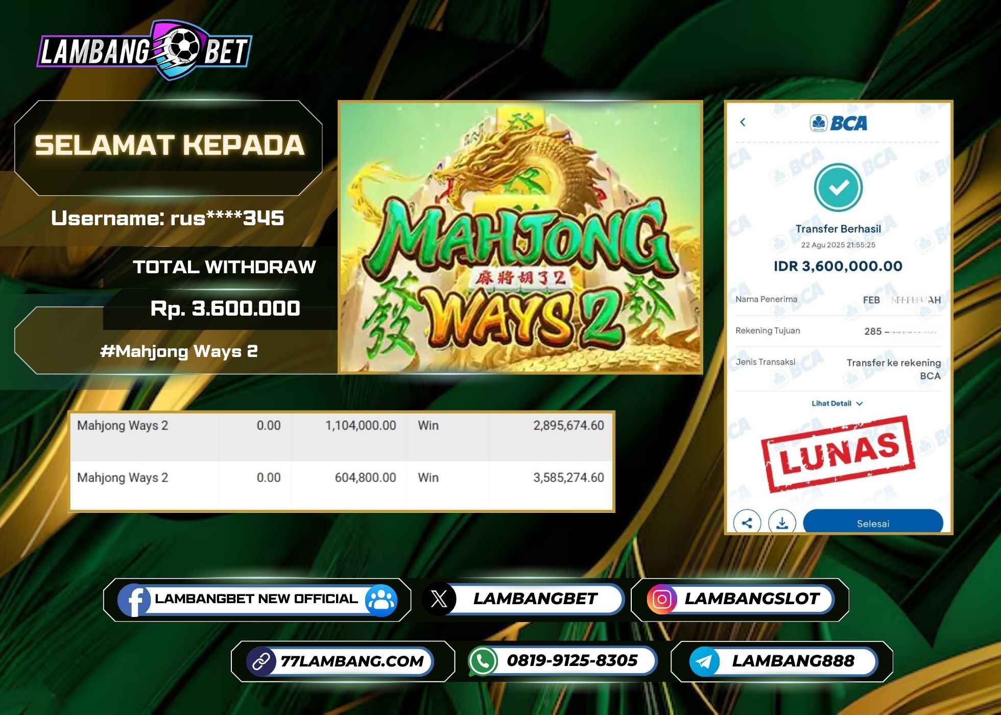 LAMBANGBET [22 AUGUST 2025] JACKPOT SLOT Mahjong Ways 2 "Rp3.600.000" LUNAS